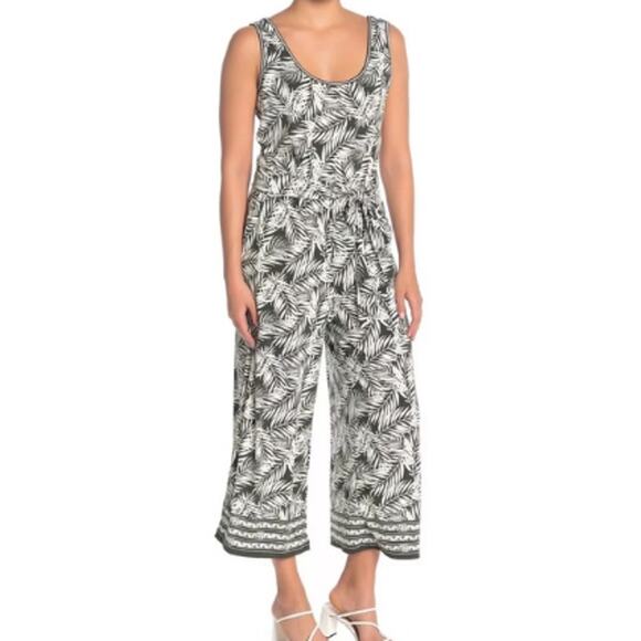 Max Studio Pants - Max Studio Green White Floral Wide Leg Elastic Waist Sleeveless Jumpsuit Size L